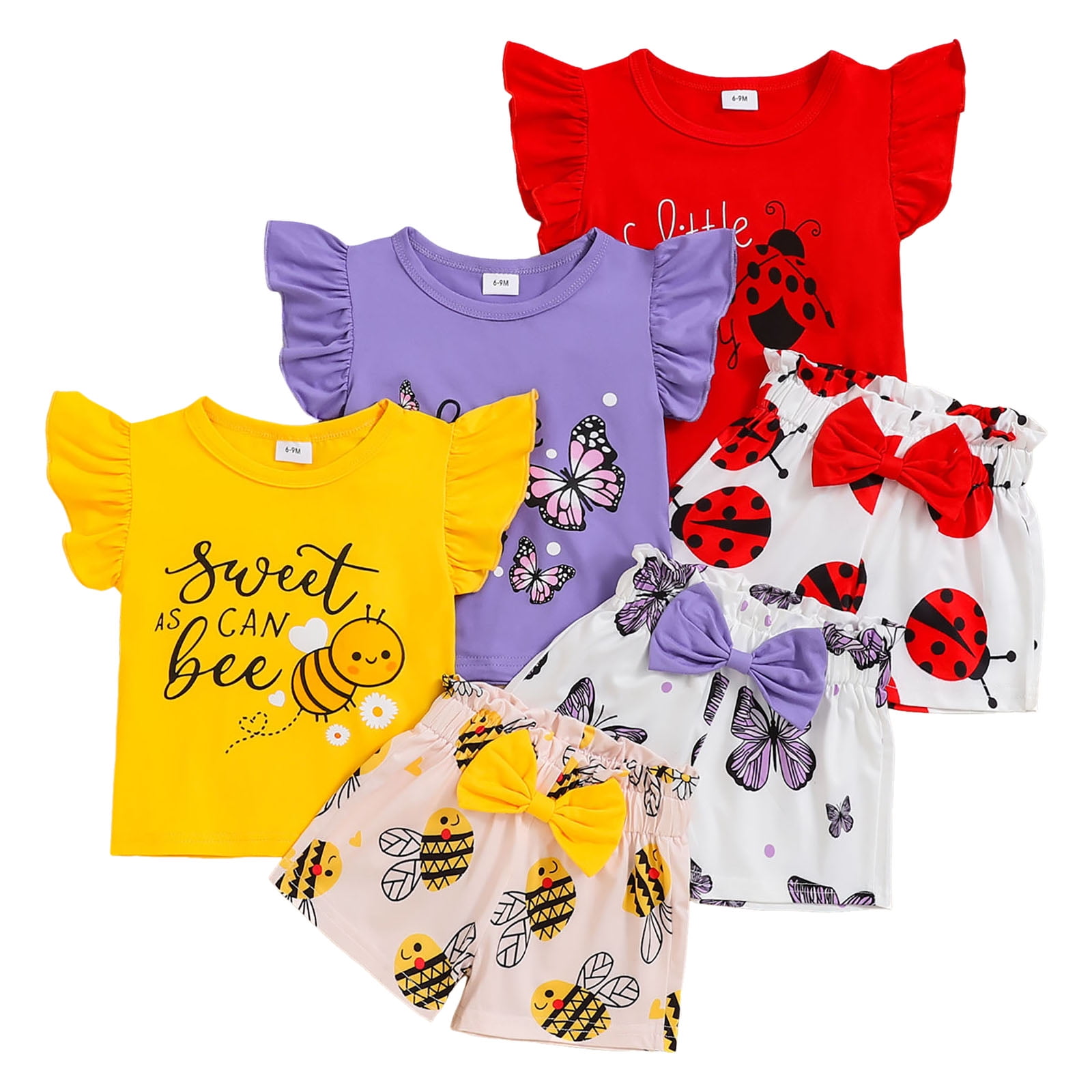 Xudanell Baby Girl Clothes Toddler Girls Summer Outfits Kids Short Fly Sleeve Cute Ruffle Shirts Tops Floral Shorts Set (Yellow, 6-9 Months)