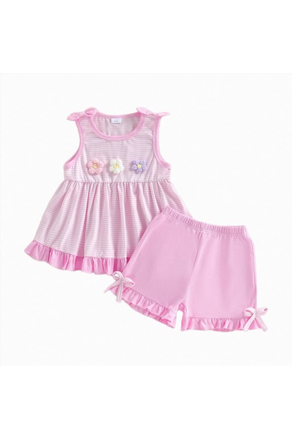 Baby Girl First Birthday Outfit Elegant Tank Top Bow Ruffle Shorts Set with Cute Cartoon Printed