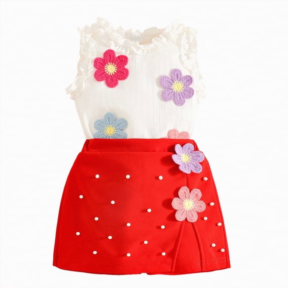 Xudanell Baby Girl First Birthday Outfit Flower Applique Crew Neck Top Pearls Short Skirts Sets Newborn Girl Clothes