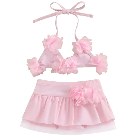 Xudanell Baby Girl Flower Swimsuit 3Pcs Halter Triangle Tops Ruffle Bottoms Sun Hat Bikini Set Bathing Suit Swimwear (Pink, 6-12 Months)