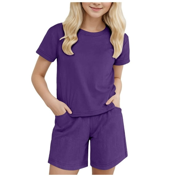 Xudanell Baby Girl Outfits Solid Color Base Set Loose Sportswear 2 Piece Set Girls Summer Outfits Dark Purple 4-5 Years