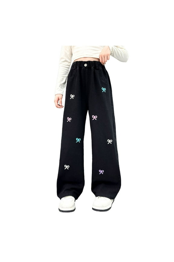 Baby Girl Pants Girls Jeans with Bow Decorated Wide Leg Denim Pants Jean Pants for Girls Black 12-14 Years