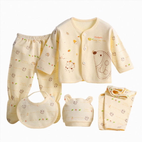 Xudanell Baby Girl Summer Clothes Newborn Baby Girl Outfit Cartoon Long Sleeve Top Pants Hat Bib 5 Piece Set Spring Yellow 0-3 Months