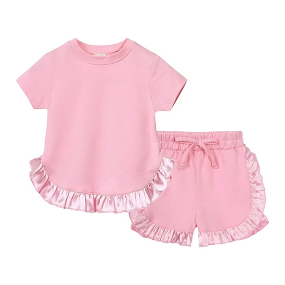Xudanell Baby Girl Summer Clothes Solid Color Lace Short Sleeve Tops Shorts Set Baby Girls Clothing Light Pink 12-24 Months