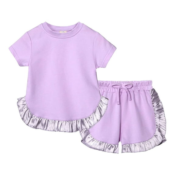 Xudanell Baby Girl Summer Clothes Solid Color Lace Short Sleeve Tops Shorts Set Baby Girls Clothing Purple 9-12 Months
