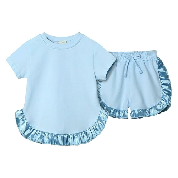 Xudanell Baby Girl Summer Clothes Solid Color Lace Short Sleeve Tops Shorts Set Baby Girls Clothing Sky Blue 9-12 Months