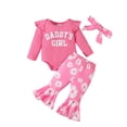 thumbnail image 1 of Xudanell Baby Girl Western Clothes Hi Cow Letter Bodysuit Romper Cow Print Flare Pants 3Pcs Cowgirl Coming Home Outfit (Hot Pink, 3-6 Months), 1 of 7