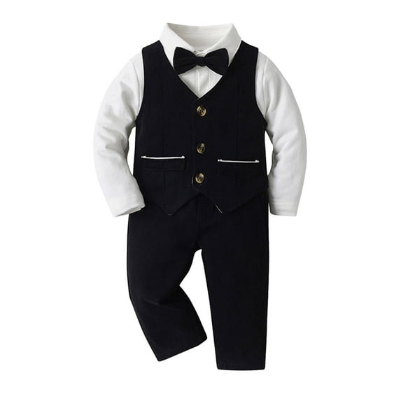 Xudanell Baby Outfits Gentle Bow Tie Dress Four Sets Solid Color Pants Suit Boy 3-6 Month Boy Clothes Black 3-6 Months