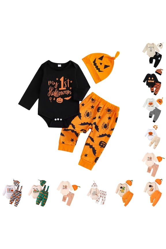 Baby Outfits My First Halloween Boy Clothes Pumpkin Romper Hat with Pants Baby Winter Clothes Black 0-3 Months