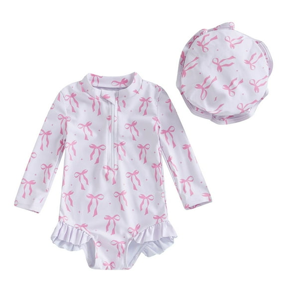 Xudanell Baby Swimsuit Girl Long Sleeve Rash Guard Girls Baby Set with Hat Set Zipper Swimsuit White 18-24 Months