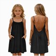 thumbnail image 1 of Xudanell Backless Cami Dress Girls Open Back Mini Linen Dress Spaghetti Strap Summer Beach Vacation Flowy Sundress for Kids (Black, 9-10 Years), 1 of 5