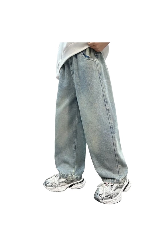Baggy Jeans Boys Y2K Straight Wide Leg Denim Pants Kids Casual Elastic Waist Loose Trousers Pockets Streetwear 4-14T (Blue, 12-14 Years)