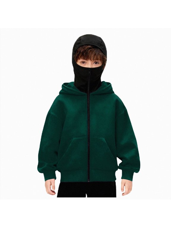 Balaclava Hoodie for Boys Girls Kids Windproof Ski Mask Hoodies Oversized Full Zip Sweatshirt Jacket with Pockets Dark Green,Size 12-13 Years