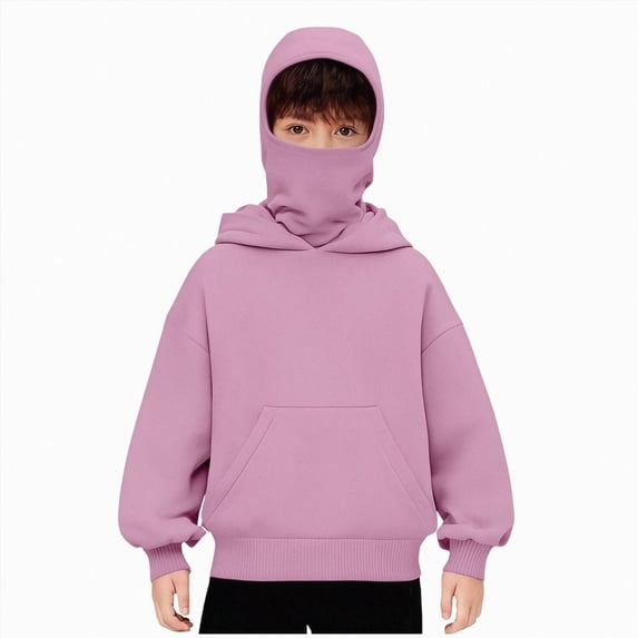Xudanell Balaclava Hoodie for Boys Girls Kids Windproof Ski Mask Hoodies Oversized Full Zip Sweatshirt Jacket with Pockets (10-11 Years, Pink)
