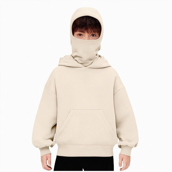 Xudanell Balaclava Hoodie for Boys Girls Kids Windproof Ski Mask Hoodies Oversized Full Zip Sweatshirt Jacket with Pockets (12-13 Years, Beige)