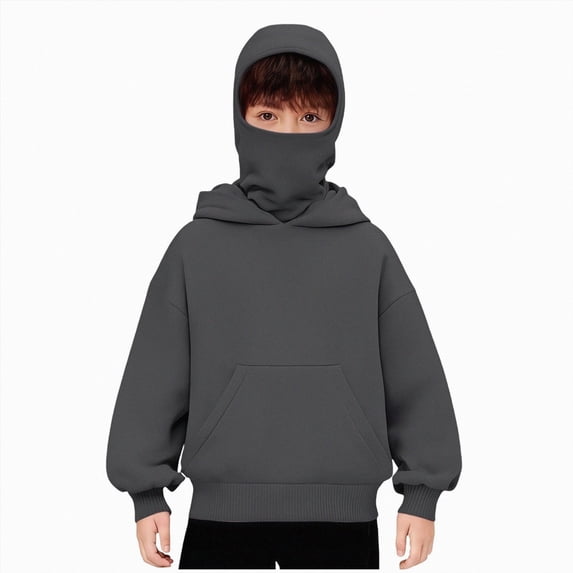 Xudanell Balaclava Hoodie for Boys Girls Kids Windproof Ski Mask Hoodies Oversized Full Zip Sweatshirt Jacket with Pockets (14-15 Years, Dark Gray)