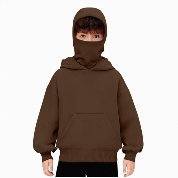 Xudanell Balaclava Hoodie for Boys Girls Kids Windproof Ski Mask Hoodies Oversized Full Zip Sweatshirt Jacket with Pockets (8-9 Years, Brown)
