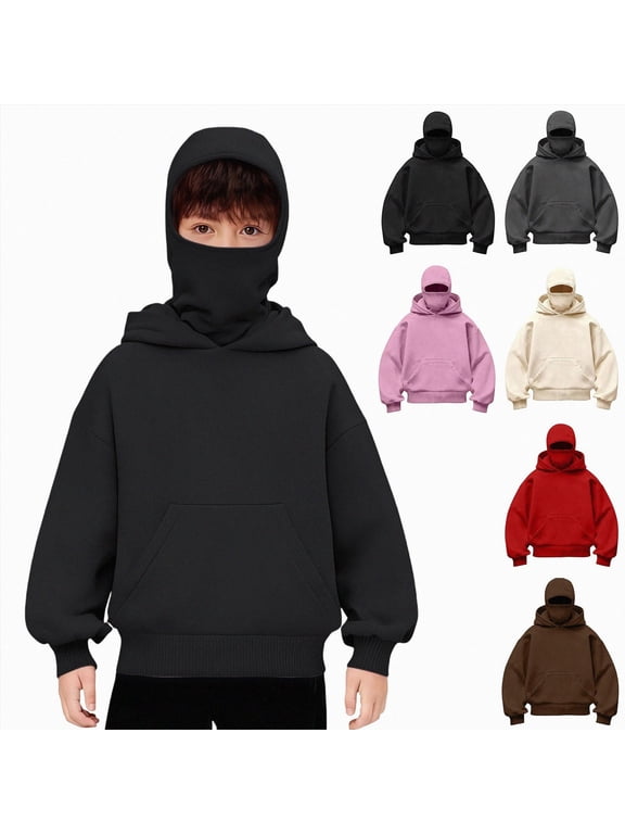 Balaclava Hoodie for Boys Girls Kids Windproof Ski Mask Hoodies Oversized Full Zip Sweatshirt Jacket with Pockets Beige,Size 14-15 Years