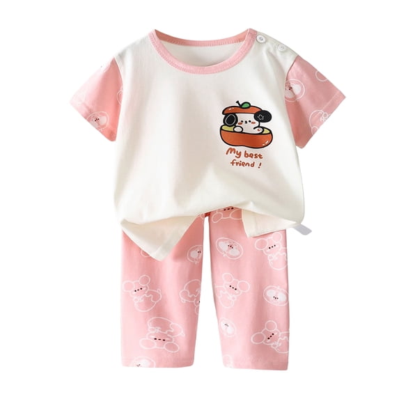 Xudanell Big Girls Summer Short Sleeve Pajama Sets Cute Cat Patterns Sleepwear Nighty 100% Cotton (Light Pink, 3-4 Years)