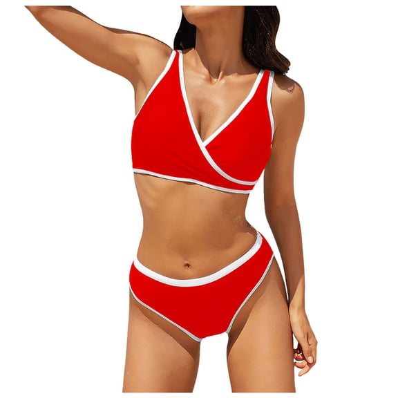 Xudanell Bikini Set for Women Two Piece Swimsuit V Neck Triangle Top Wide Straps Cross Back Lace up Mid Rise Sexy Swimwear (Red,S)