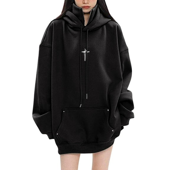 Xudanell Black Zip up Hoodie Women Drawstring Hooded Stand Collar Solid Color Oversized Women Sweatshirt Black L