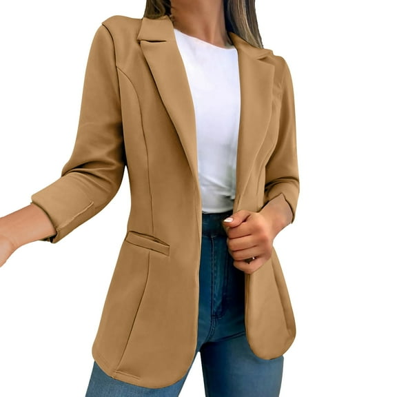 Xudanell Blazers For Women Business Casual Womens Linen Blazer Casual Long Sleeve Lightweight Spring Summer Jackets (Khaki,XL)