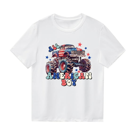 Xudanell Boy 4th of July Shirt Kid Independence Day Truck Print Crew Neck TShirts Children Wear Toddler Boy Shirts White 3-4 Years