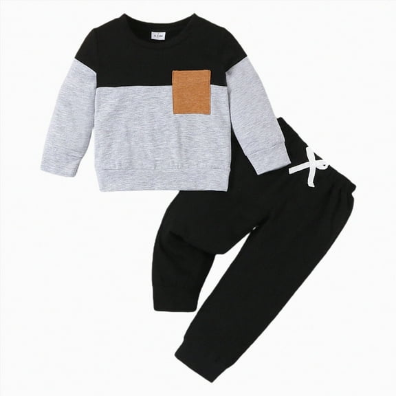 Xudanell Boy Baby Clothes Boys Winter Outfits Color Block Toddler Sweatshirt Pullover Tops Christmas First Birthday Outfit Boy Black 6-9 Months