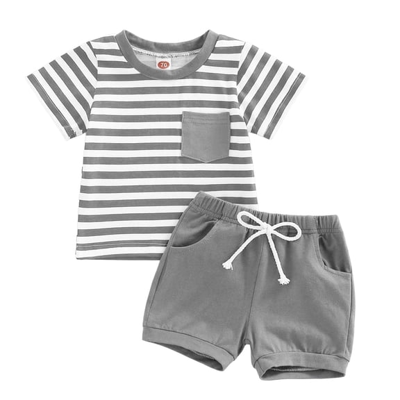 Xudanell Boy Baby Clothes Plaid Top with Embroidered Pockets Elastic Waist Short Set Suits for Boys Grey 0-6 Months