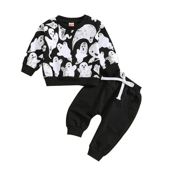 Xudanell Boy Clothes Toddler Halloween Ghost Print Long Sleeve Pullover Sweatshirt Baby Boys Pants Set Clothes for Fall Baby Halloween 18-24 Months Black