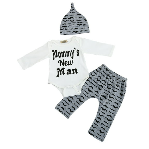 Xudanell Boy Long Sleeve Sets Boy Romper Tops Beard Print Long Pants with Hat Outfits Clothes Boys 3 Piece Outfits Black 6-12 Months