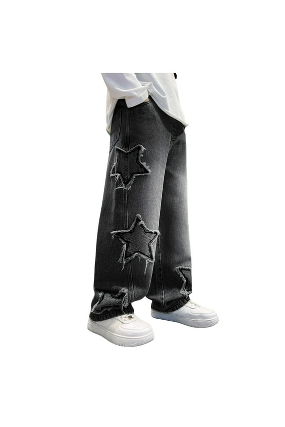 Boy's Star Baggy Jeans Teen Boys Straight Wide Leg Denim Pants with Pockets (Black, 4-5 Years)