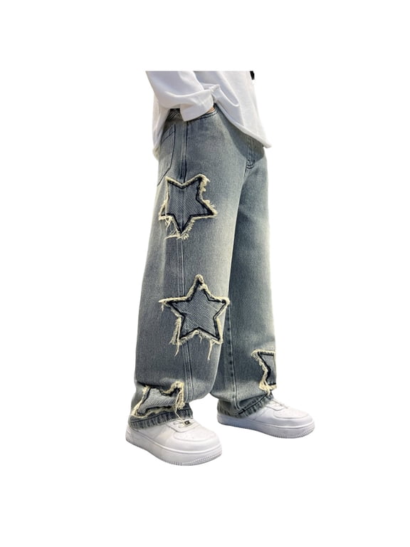 Boy's Star Baggy Jeans Teen Boys Straight Wide Leg Denim Pants with Pockets (Blue, 9-10 Years)