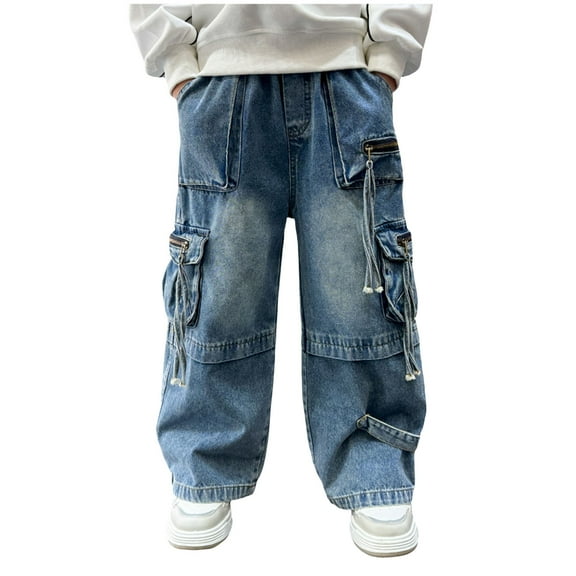 Xudanell Boys Baggy Cargo Jeans Elastic High Waist Pants Vintage Wide Leg Ripped Jeans Loose Fit for Teens (Blue, 9-10 Years)