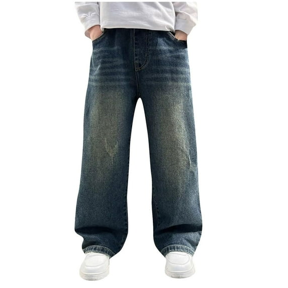 Xudanell Boys Baggy Jeans for Kids Teen Casual Straight Wide Leg Cargo Jeans Y2K Summer Loose Elastic Waist Denim Pants with Pockets (Blue, 9-10 Years)