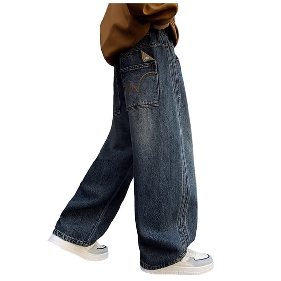 Xudanell Boys Baggy Jeans Straight Wide Leg Cargo Denim Pants Casual Elastic Waist Loose Jeans Tees Y2K Streetwear with Pockets (Blue, 13-14 Years)