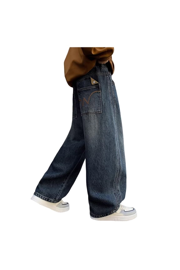 Boys Baggy Jeans Straight Wide Leg Cargo Denim Pants Casual Elastic Waist Loose Jeans Tees Y2K Streetwear with Pockets (Blue, 7-8 Years)