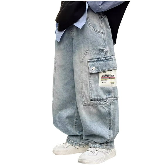 Xudanell Boys Baggy Jeans Straight Wide Leg Cargo Jeans Vintage Elastic Waist Denim Pants Y2K Streetwear with Pockets Fall Winter (Blue, 12-14 Years)
