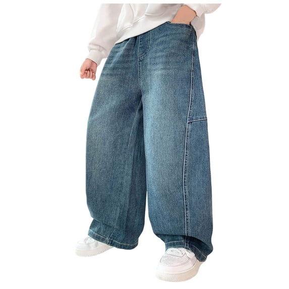 Xudanell Boys Baggy Jeans Wide Leg Elastic Waist Casual Denim Pants for Boys 6-16years (Blue, 9-10 Years)