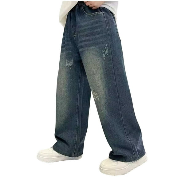 Xudanell Boys Baggy Jeans, Wide Leg Elastic Waist Denim Pants Loose Fit Trousers Vintage Y2K Streetwear (Blue, 7-8 Years)