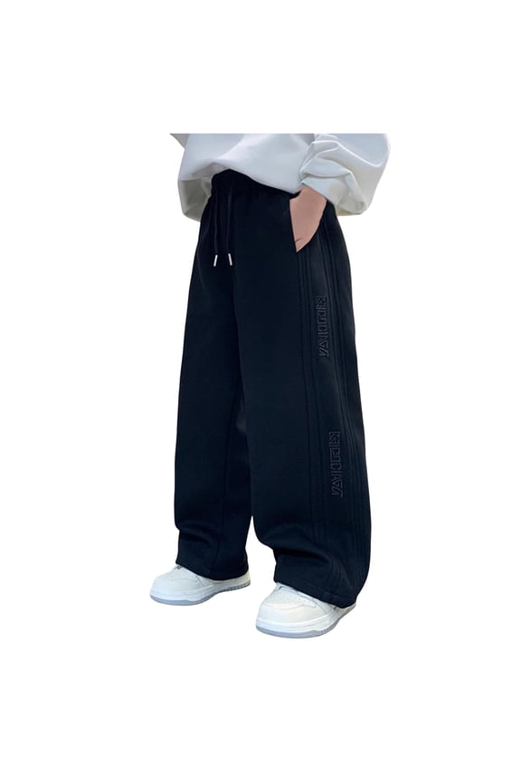 Boys Baggy Sweatpants Straight Leg Open Bottom Casual Sweat Pants Elastic Waist Joggers Pants with Pockets Fall Winter (13-14 Years, Black)