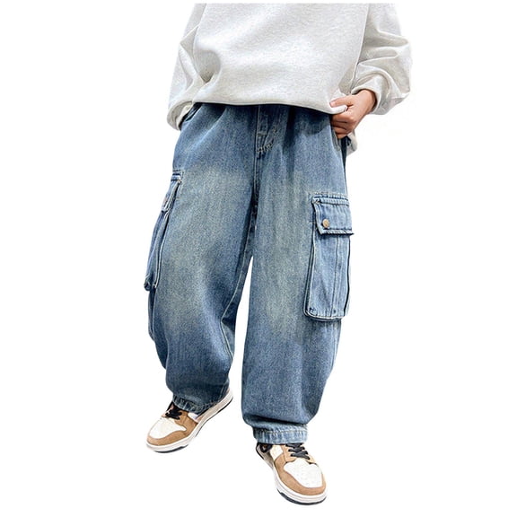 Xudanell Boys Cargo Jeans Kids Baggy Elastic Waist Wide Leg Denim Pants with Pockets 5-14 Years (Blue, 9-10 Years)