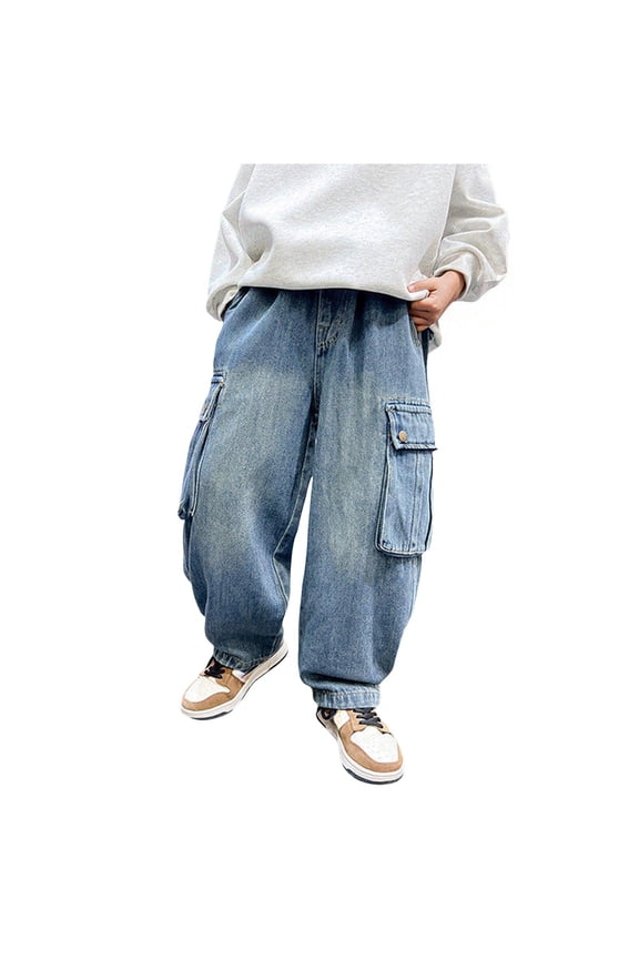 Boys Cargo Jeans Kids Baggy Elastic Waist Wide Leg Denim Pants with Pockets 5-14 Years (Blue, 9-10 Years)