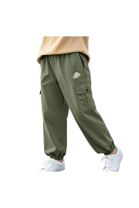 Boys Cargo Pants Stretch Elastic Waist School Kids Twill Joggers (2-3 Years, Green)