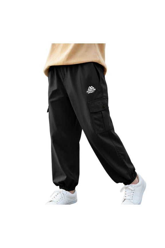 Boys Cargo Pants Stretch Elastic Waist School Kids Twill Joggers (8-9 Years, Black)