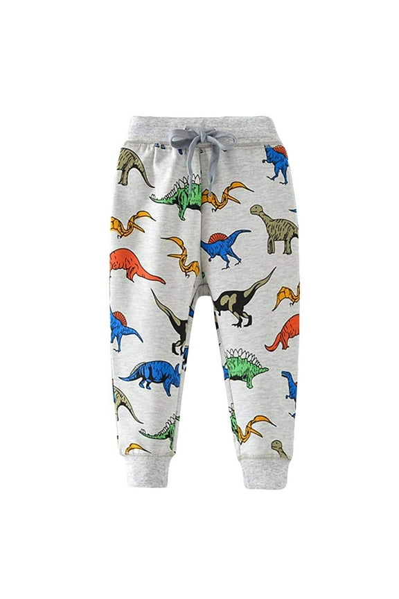 Boys Cartoon Print Dinosaur Monkey Pattern Cotton Pants Drawstring Elastic Sweatpants (18-24 Months, Grey)