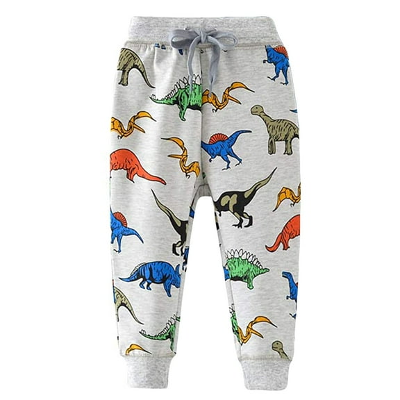 Xudanell Boys Cartoon Print Dinosaur Monkey Pattern Cotton Pants Drawstring Elastic Sweatpants (3-4 Years, Grey)