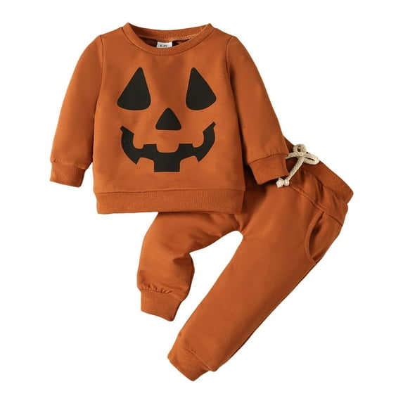Xudanell Boys Clothes 2 Piece Outfits Winter Halloween Long T Shirt Top Pants Little Kid Casual Pumpkin Prints Clothing Sets 2-3 Years Brown