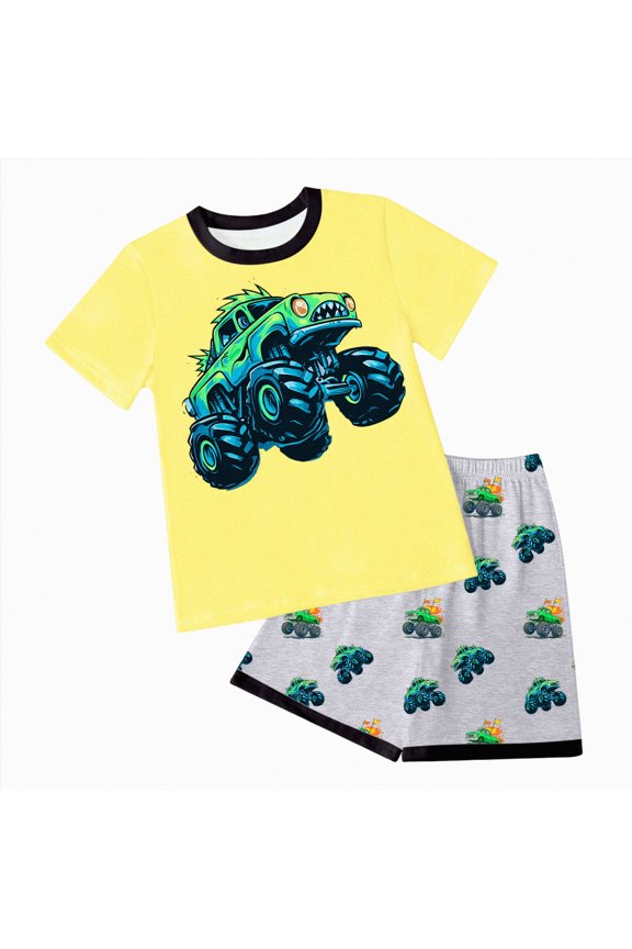 Boys Clothes 2-Piece Summer Outfit 3D Car Print Tie-Dye T-Shirt & Elastic Waist Shorts for Kids Clothing Set 5-11Y (Yellow, 5-6 Years)