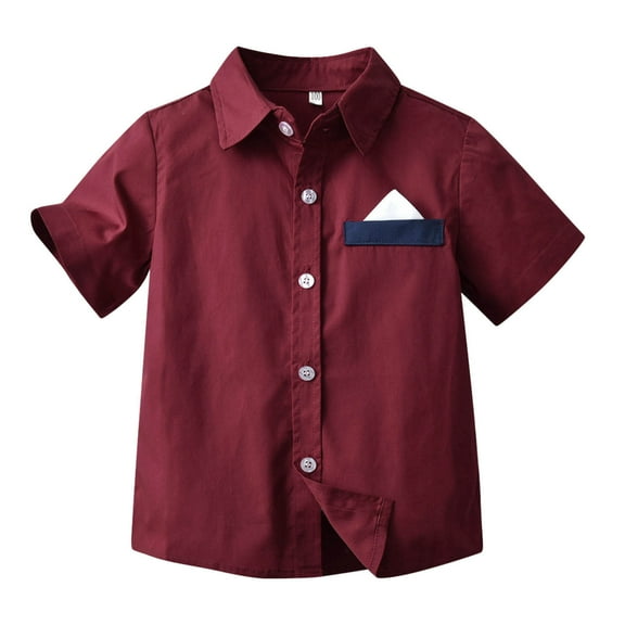 Xudanell Boys Collar Dress Shirt Little Kidys Red Short Sleeve with Pocket Toddler Boys Summer Formal Shirt